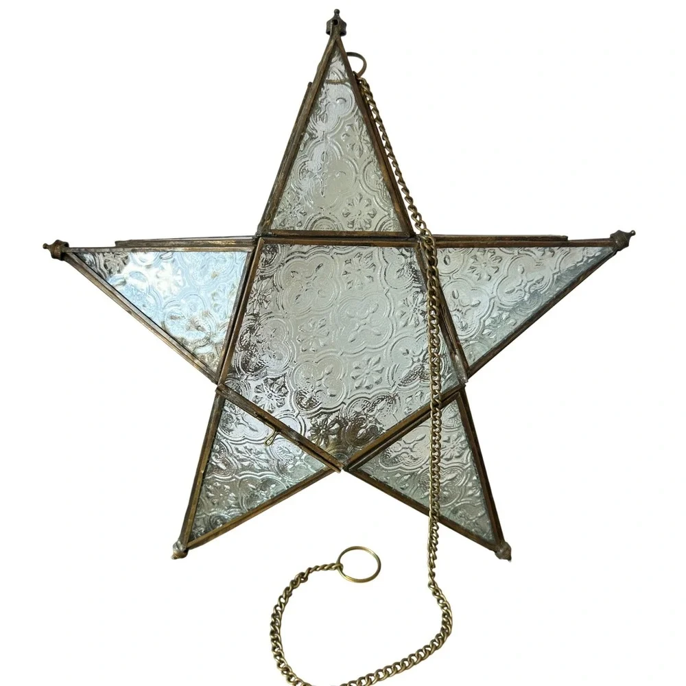 Moravian Star Hanging Lantern Etched Glass Brass Metal Frame Tealight Holder